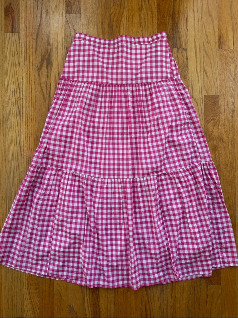 J. Crew Pink and White Gingham Tiered Maxi Skirt